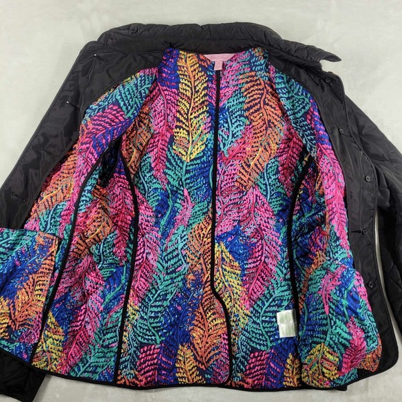 Lilly Pulitzer Quilted Jacket Women's Medium Black‎ Colorful Inside Design - Picture 5 of 10